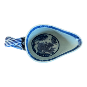 Antique Early 19th Century Chinese Export Canton Porcelain Sauce or Gravy Boat Decorated With Blue & White Landscape Scene