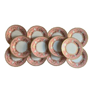 Aynsley Pink & Gold Foliage English Bone China Porcelain 8 3/8" Plates - Set of 12 For Sale