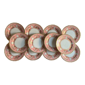 Aynsley Pink & Gold Foliage English Bone China Porcelain 8 3/8" Plates - Set of 12