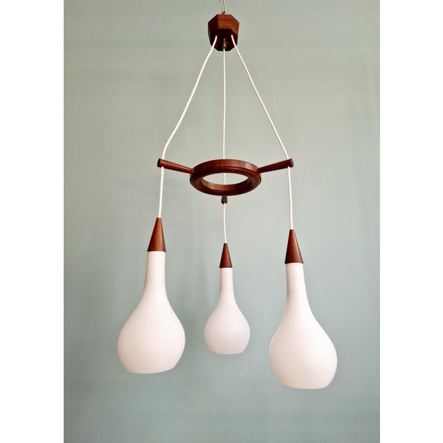 Scandinavian Chandelier in Teak and White Satin Glass, 1960s For Sale - Image 3 of 14