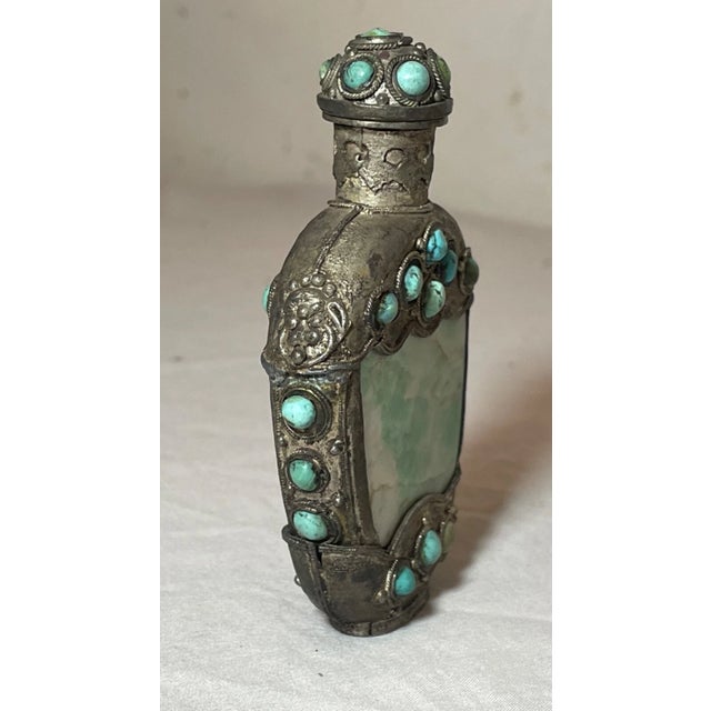 Antique Bronze Turquoise Green Jade Stone Hand Carved Chinese Snuff Bottle Jar For Sale In New York - Image 6 of 10