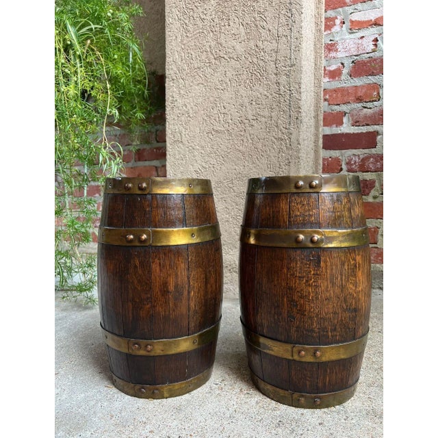 Pair Set Antique English Oak Barrel Jardinière Planter Rosemaling Hand Painted For Sale - Image 10 of 18