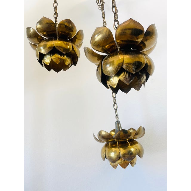 Feldman Lighting Vintage 1960s 3 Tiered Brass Lotus Flower Pendant Light by Feldman Hollywood Regency Chinoiserie Chic Style For Sale - Image 4 of 9