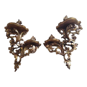 1940's Italian Florentine Carved Giltwood Double Shelf Wall Brackets a - Pair