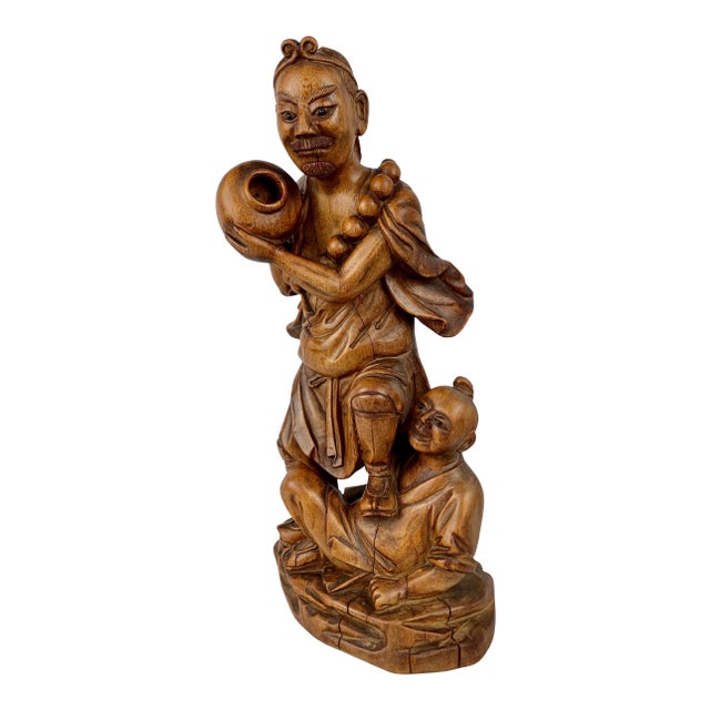 Chinese Hand Carved Teak Figural Group-14.5” Tall For Sale