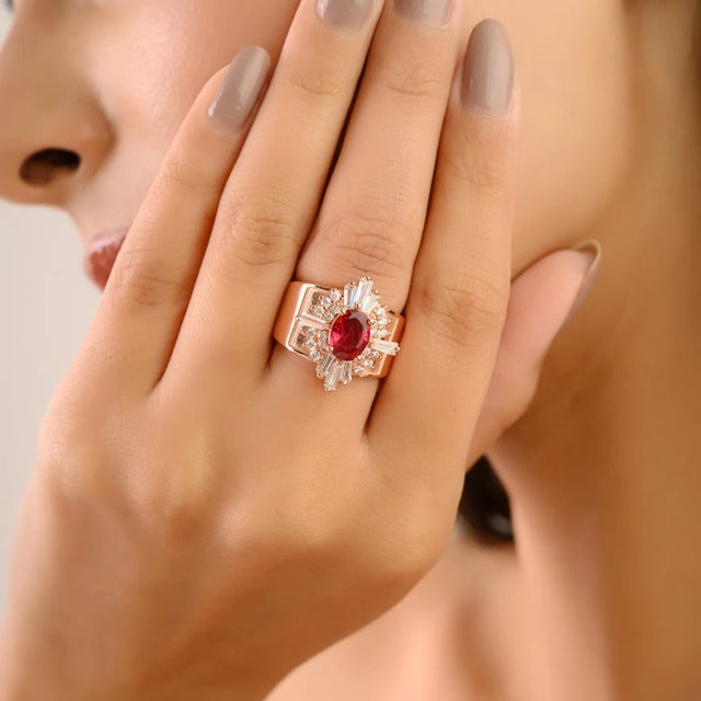 Rose Gold Finish Silver Ring With Red Cubic Zirconia & Clear Cz Halo - Size 8 For Sale - Image 6 of 9