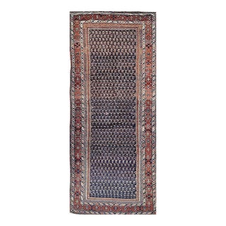 19th Century Persian Kurdish Gallery Rug, Hand-Knotted Wool, Allover Paisley Pattern, Navy & Terracotta, 6' X 15' For Sale