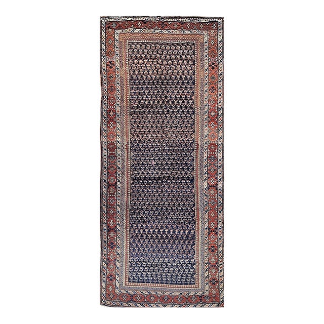19th Century Persian Kurdish Gallery Rug, Hand-Knotted Wool, Allover Paisley Pattern, Navy & Terracotta, 6' X 15' For Sale