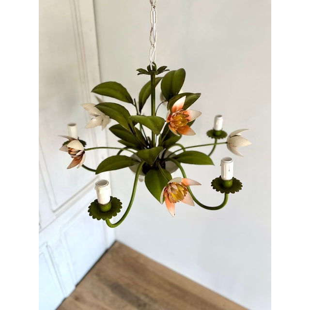 Vintage French Painted Tole 5-Light Water Lily Chandelier, 1960s For Sale - Image 16 of 18