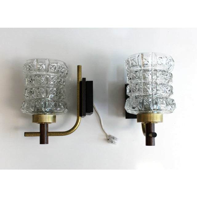 Wall Sconces in Textured Glass with Wood and Gilt Metal, 1970, Set of 2 For Sale - Image 6 of 10