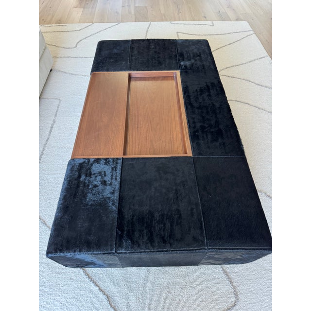 Contemporary Custom Holly Hunt “Oasis” Cocktail Ottoman in Walnut & Black Hair on Hide Leather For Sale - Image 3 of 11