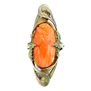 Vintage 10k Yellow Gold Coral Cameo Ring, Size 3.25 For Sale