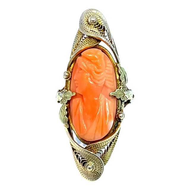 Vintage 10k Yellow Gold Coral Cameo Ring, Size 3.25 For Sale