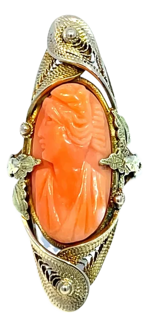 Vintage 10k Yellow Gold Coral Cameo Ring, Size 3.25