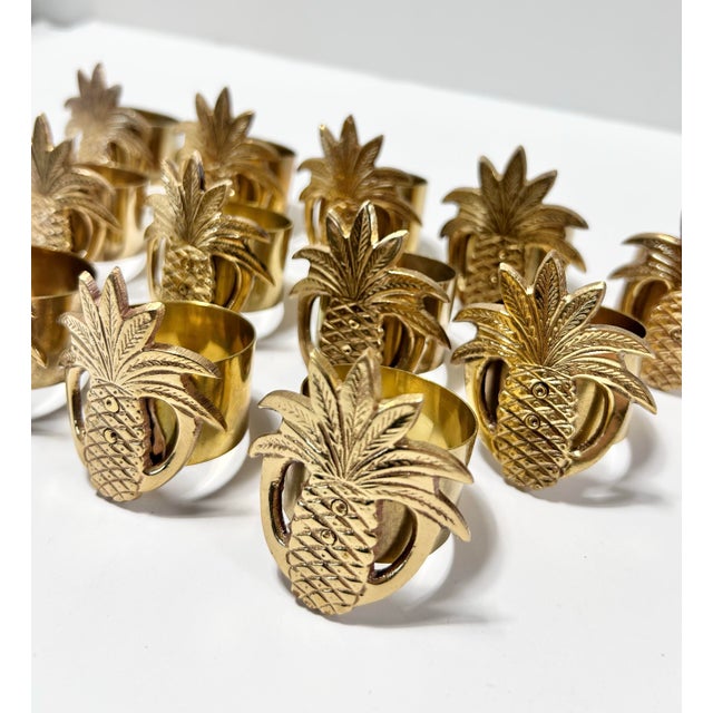 Late 20th Century Vintage Hollywood Regency Solid Brass Pineapple Napkin Rings – Set of 12 For Sale - Image 5 of 12