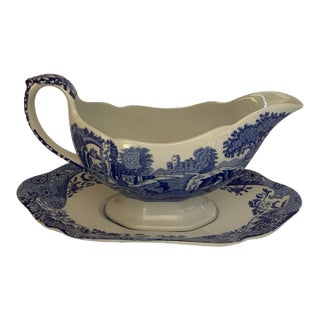 Vintage Authentic Spode Blue Italian Gray Boat & Under Plate England For Sale