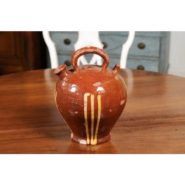 Rustic French 19th Century Pottery Jug with Russet Ground and Yellow Stripes For Sale - Image 4 of 12
