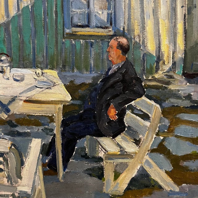 This signed 1949 painting features a vibrant and lovely scene in a residential courtyard. There is a man and woman who...