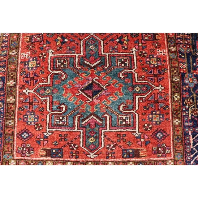 Antique Hand Knotted Geometric Persian Long Heriz Runner in Red, Blue and Teal 3'4 X 14'4 For Sale - Image 9 of 14