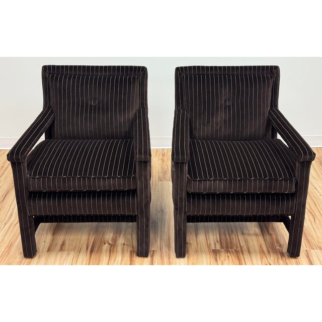 Mid 20th Century Vintage Newly Upholstered Luxe Chocolate Brown Pinstripe Velvet Parsons Chairs, a Pair For Sale - Image 5 of 12
