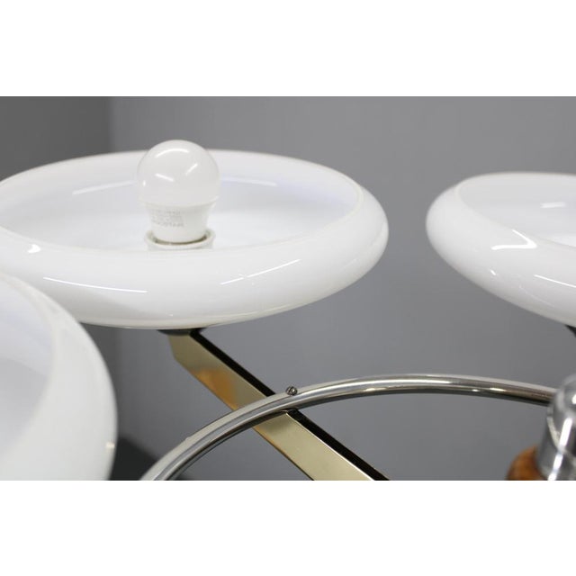Art Deco Six-Light Chandelier in Brass and Opaline Glass, 1940s For Sale - Image 9 of 11