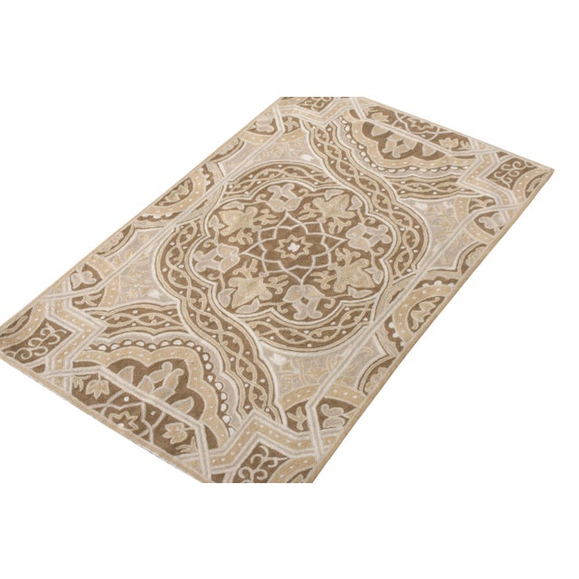 Contemporary Rug & Kilim’s Handmade Chain Stitch Rug, Beige-Brown Geometric Pattern For Sale - Image 3 of 6