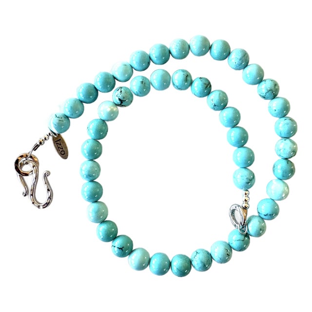 Turquoise Stone Beaded Necklace With Gold Tone Clasp. 8mm For Sale