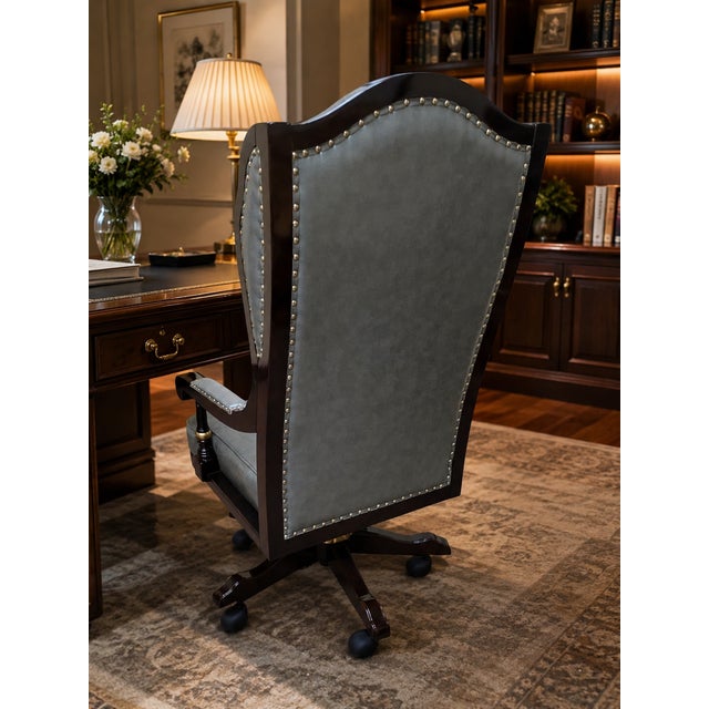 Traditional Traditional High-Back Gray Leather Executive Swivel Office Chair For Sale - Image 3 of 3