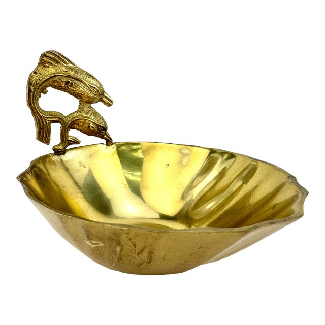 Vintage 1960's Mid-Century Swimming Dolphins Brass Trinket Dish For Sale