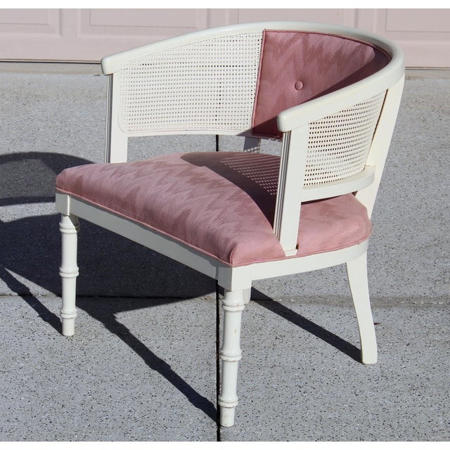 1990s Vintage Cane Barrel Chair With Blush Pink Upholstery | Hollywood Regency Style Accent Chair For Sale - Image 5 of 18