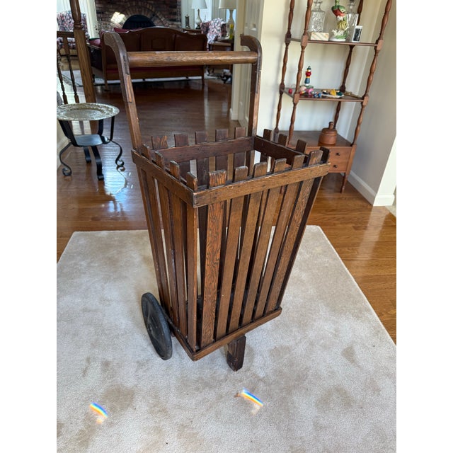 Brown Antique Slat Wood Grocery Shopping Cart Wheeled Basket For Sale - Image 8 of 9