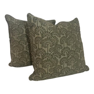Square Green Blockprint Style Fabric Pillow Covers- Set of 2 For Sale