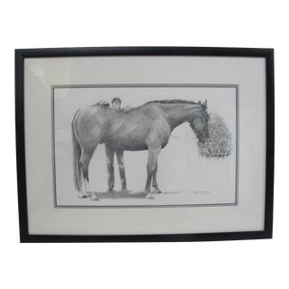 Janey Belozer Framed Original Graphite on Paper of Horse Grooming For Sale