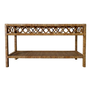 Vintage Coastal Rattan Two-Tier Console Table With Glass Top For Sale