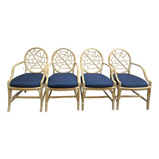Vintage McGuire Style Cracked Ice Rattan and Rawhide Chairs- Set of 4 For Sale