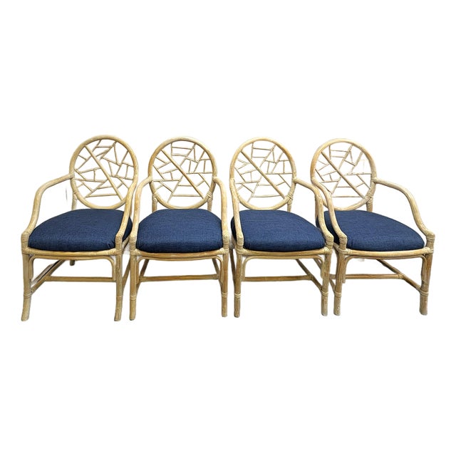 Vintage McGuire Style Cracked Ice Rattan and Rawhide Chairs- Set of 4 For Sale