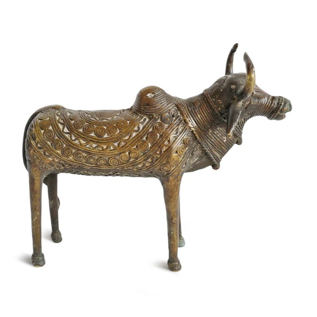 Vintage brass tribal Brahma cow from India. Stunning intricate details and rich patina.
