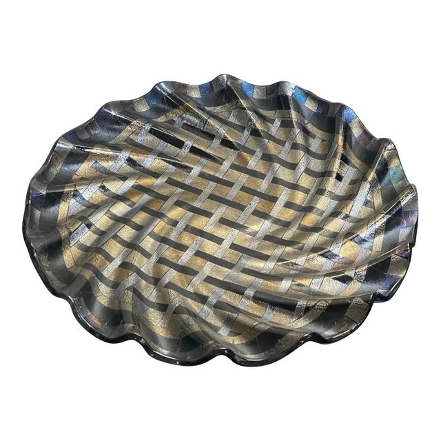 Large 18” Fused Dichroic Glass Metallic Basket Weave Wave Form Centerpiece Tray For Sale