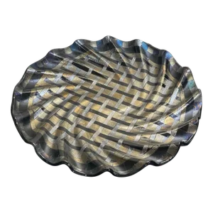 Large 18” Fused Dichroic Glass Metallic Basket Weave Wave Form Centerpiece Tray