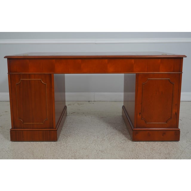 English Yew Wood Brown Leather Top 3 Part Desk For Sale - Image 17 of 18