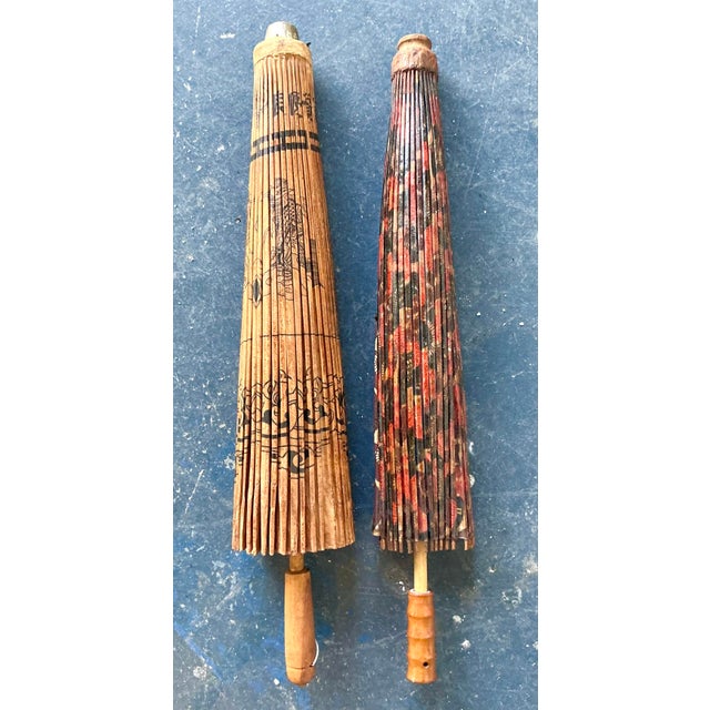 Amber Vintage Boho Asian Patinated Paper Parasols - Set of 2 For Sale - Image 8 of 12