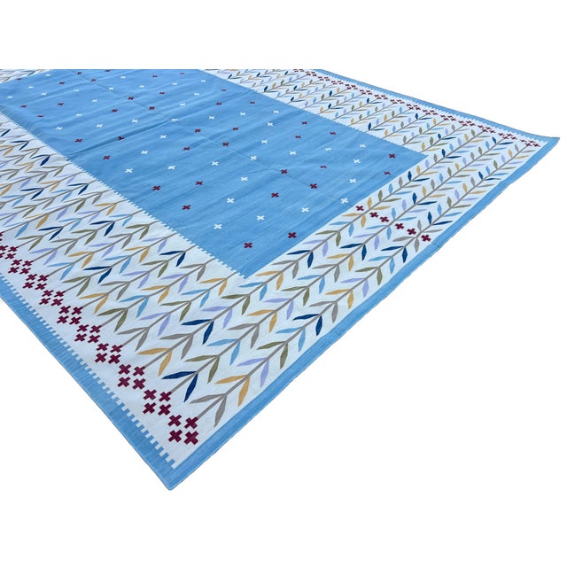 Handmade Cotton Rug, Natural Vegetable Dyed Cream, Blue, Beige and Red Leaf Rug - 9'x12' For Sale - Image 6 of 10