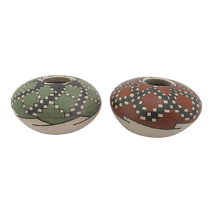 Miniature Mata Ortiz Chelo Acosta Red & Green Geometric Seed Pot Vase Pair