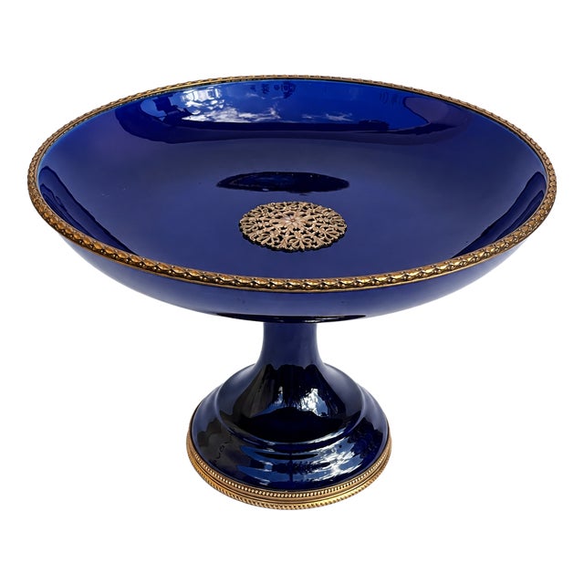 19th Century Sèvres French Cobalt Blue Porcelain Tazza with Gilt Metal Mounts, 1890s For Sale