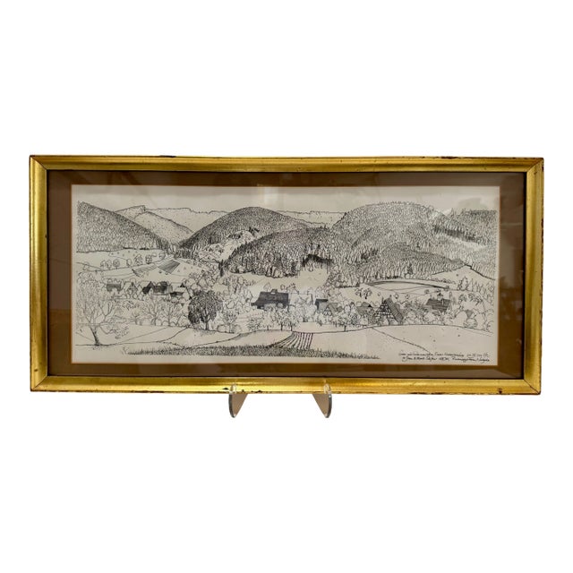 Rosemary & Thomas Naegele German Pen and Ink Landscape Drawing 1964 Framed Inscribed For Sale