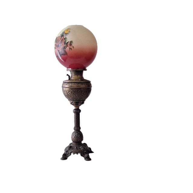 Victorian Antique Early 20th Century Victorian Hand Painted Large Parlor Lamp For Sale - Image 3 of 17