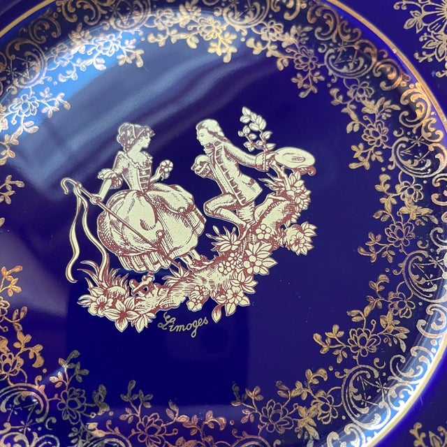 Vintage Limoges Castel France Collector's Porcelain Plate W/ 22k Gold Trim Beautiful, delicate 22k gold design on a navy...