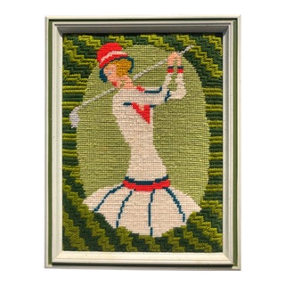Vintage Lady Golfer Needlepoint Textile Art For Sale