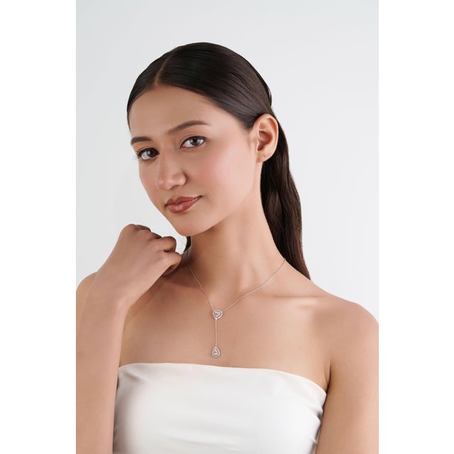 White Diamond Halo Heart & Teardrop Lariat Necklace in 14k White Gold, 16 Inches For Sale - Image 8 of 17