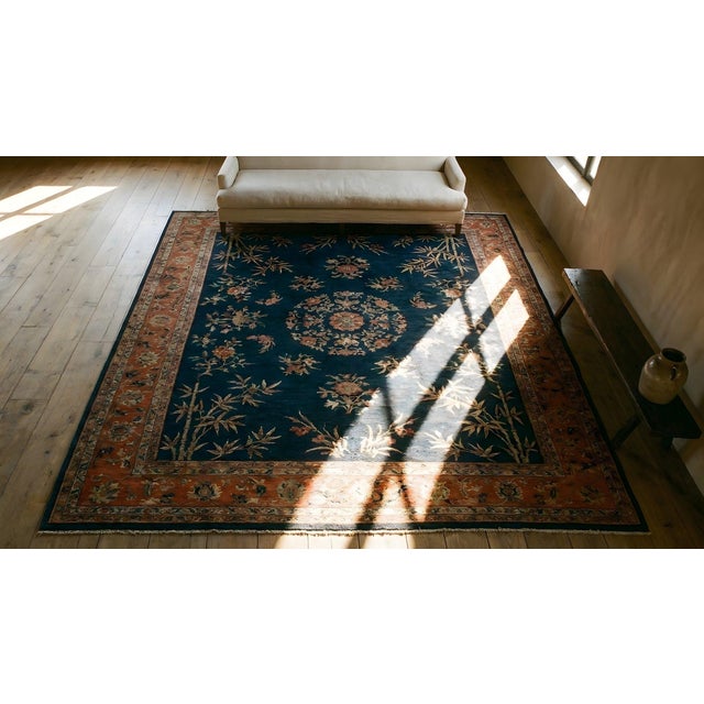 Beautiful Navy Blue and Rust Color Floral Minimalist Pattern Antique Chinese Art Deco Rug For Sale - Image 14 of 16